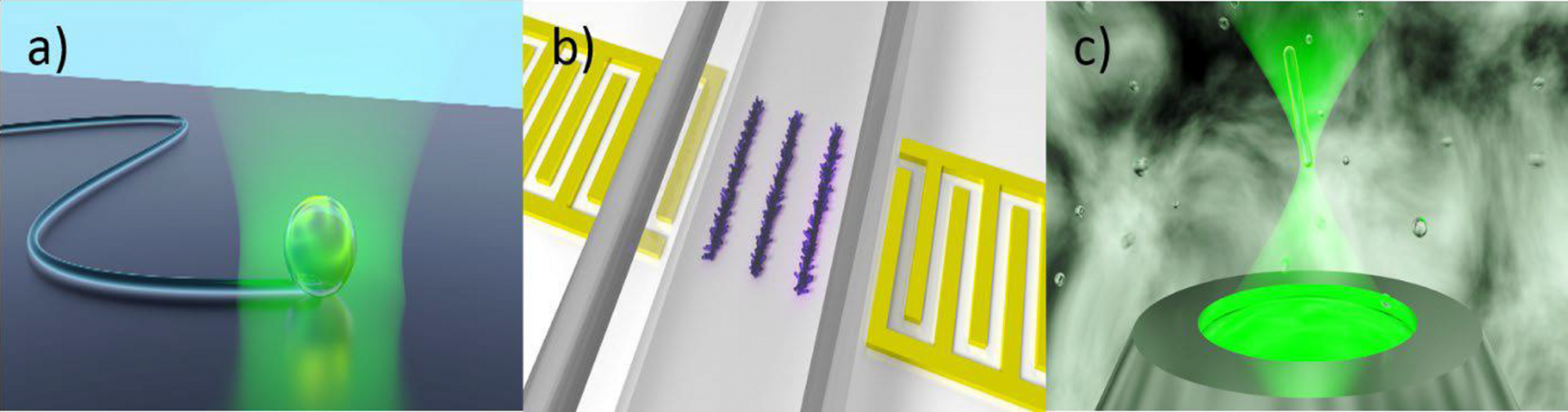 Illustrations of the various directed-assembly methods developed at the Shpaisman group: (a) photo- thermal based modulated laser-induced microbubble technique (M-LIMBT), (b) microstructure formation with standing surface acoustic waves and (c) controlled colloidal formation based on manipulation by optical traps.